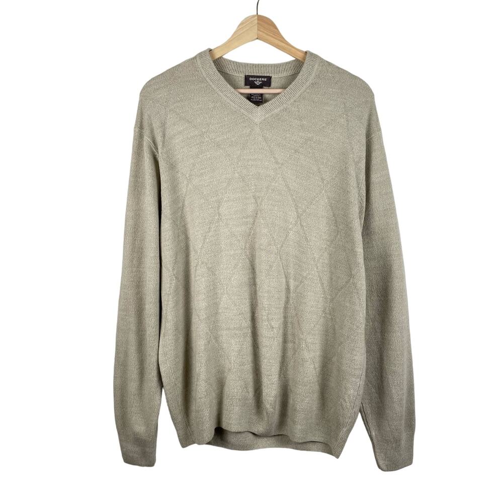 y2k Dockers Mens Cream Diamond Plaid Grandpa Sweater V Neck - Size XL